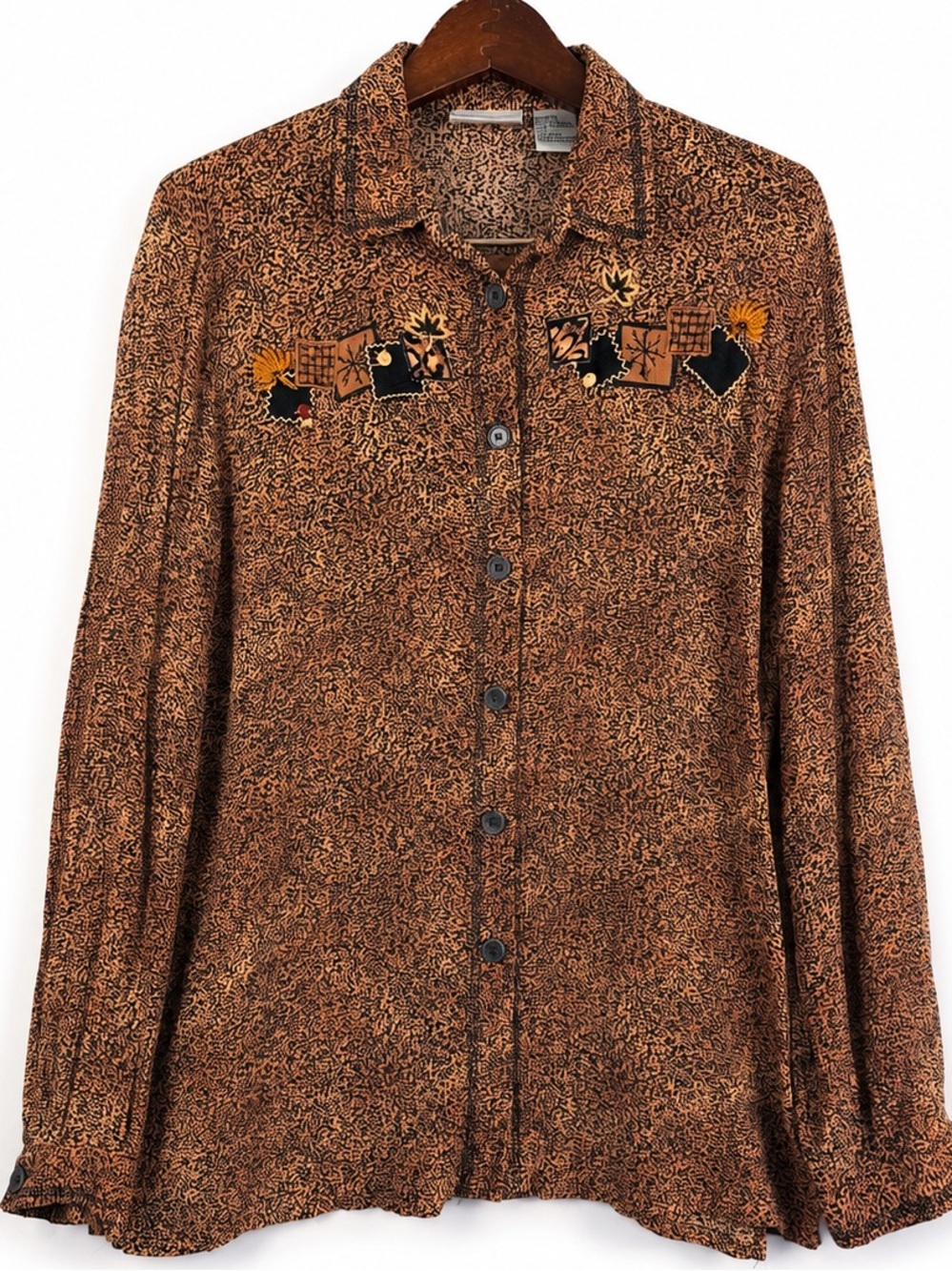 Vintage Napa Valley Rayon Folk Art Appliqué Blouse Brown Black L